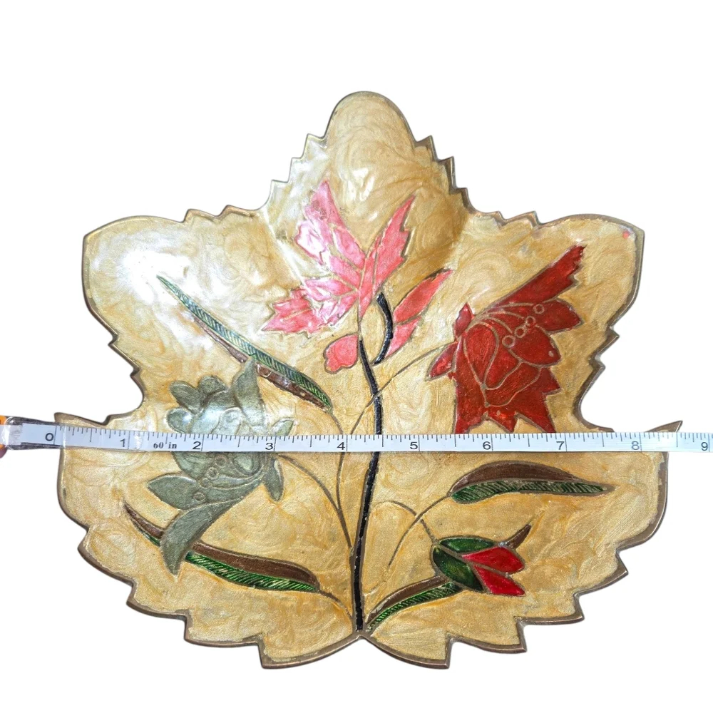 Vintage India‎ Made Floral Enamel On Brass Leaf Shaped Bowl Dish 8.5